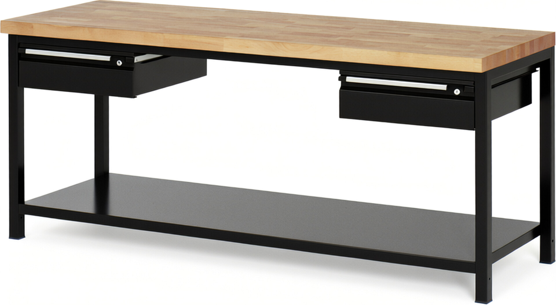 Werkbank - Modell 8002 BASIC schwarz, BxTxH 2000x700x840-1040 mm,  Buche-Massiv Arbeitsplatte 40 mm,  2 Schubladen mit  Auszug 90 %