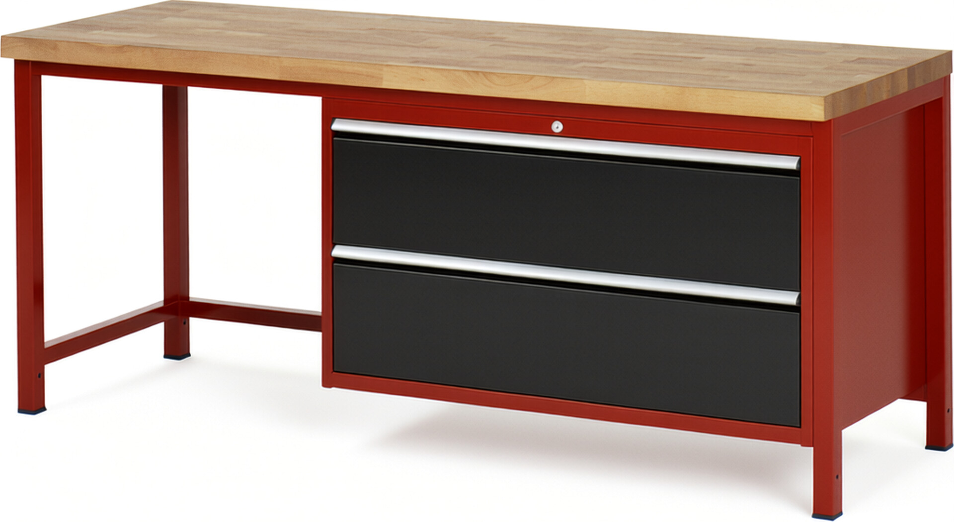 Werkbank Modell 8355 rot - schwarz, BxTxH 2000x700x840 mm,  Buche-Massiv Arbeitsplatte 40 mm,  2 Schubladen mit  Auszug 90 %