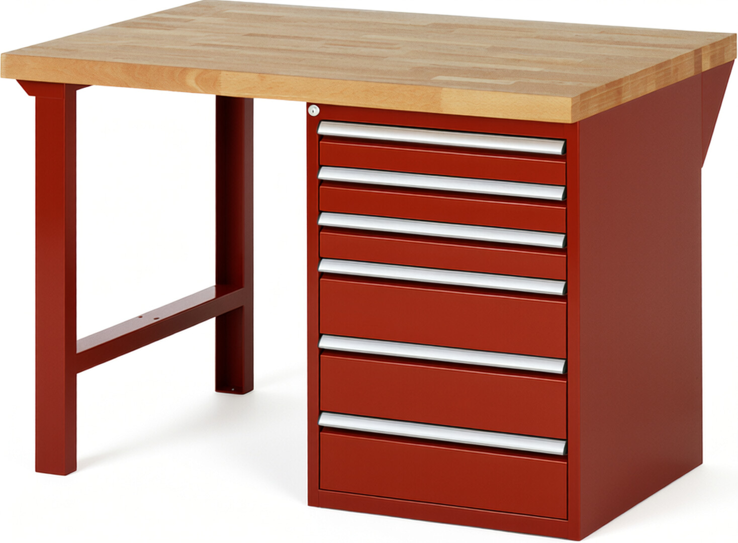 Werkbank Modell 7515 rot, BxTxH 1250x900x890 mm,  Buche-Massiv Arbeitsplatte 40 mm,  6 Schubladen mit  Auszug 90 %