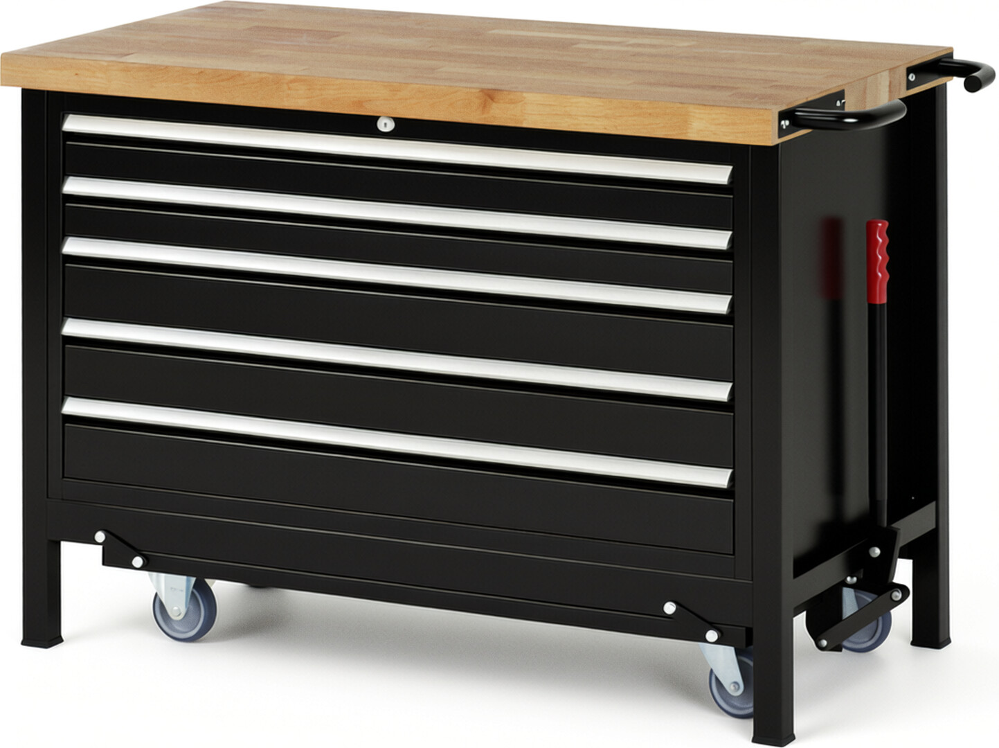 Absenkbare Werkbank Modell 8371 schwarz, BxTxH 1250x700x880 mm,  Buche-Massiv Arbeitsplatte 40 mm,  5 Schubladen mit  Auszug 90 %