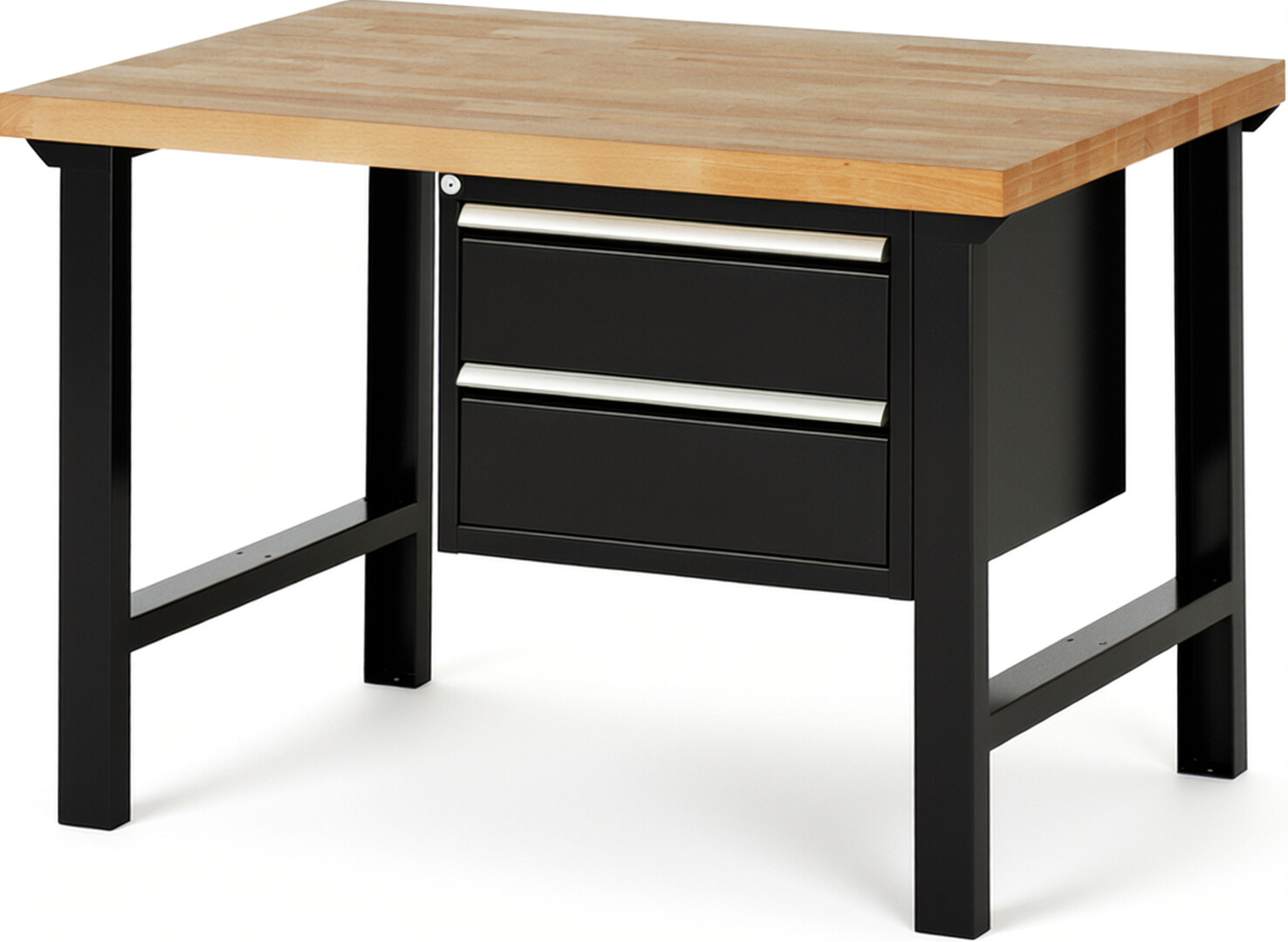 Werkbank Modell 7125 schwarz, BxTxH 1250x900x840 mm,  Buche-Massiv Arbeitsplatte 40 mm,  2 Schubladen mit  Vollauszug 100 % und  SoftClosing