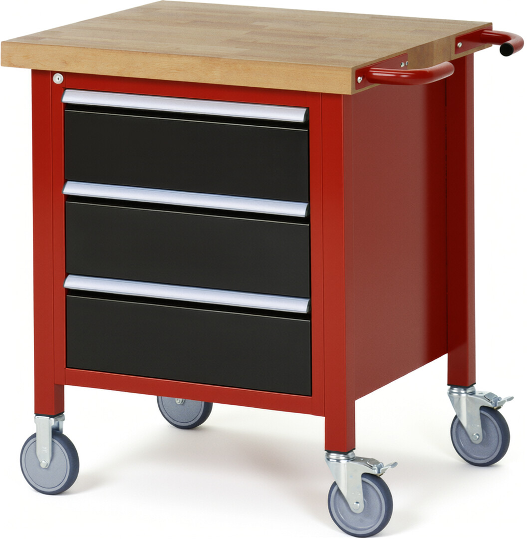Fahrbare Werkbank Modell 8157 rot - schwarz, BxTxH 750x700x880 mm,  Buche-Massiv Arbeitsplatte 40 mm,  3 Schubladen mit  Vollauszug 100 % und  SoftClosing