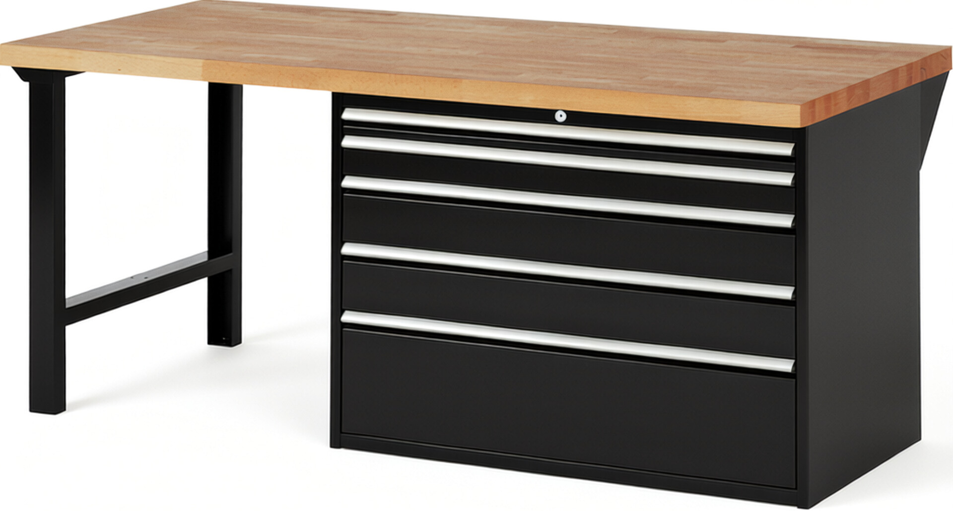 Werkbank Modell 7711 schwarz, BxTxH 2000x900x890 mm,  Buche-Massiv Arbeitsplatte 40 mm,  5 Schubladen mit  Vollauszug 100 % und  SoftClosing