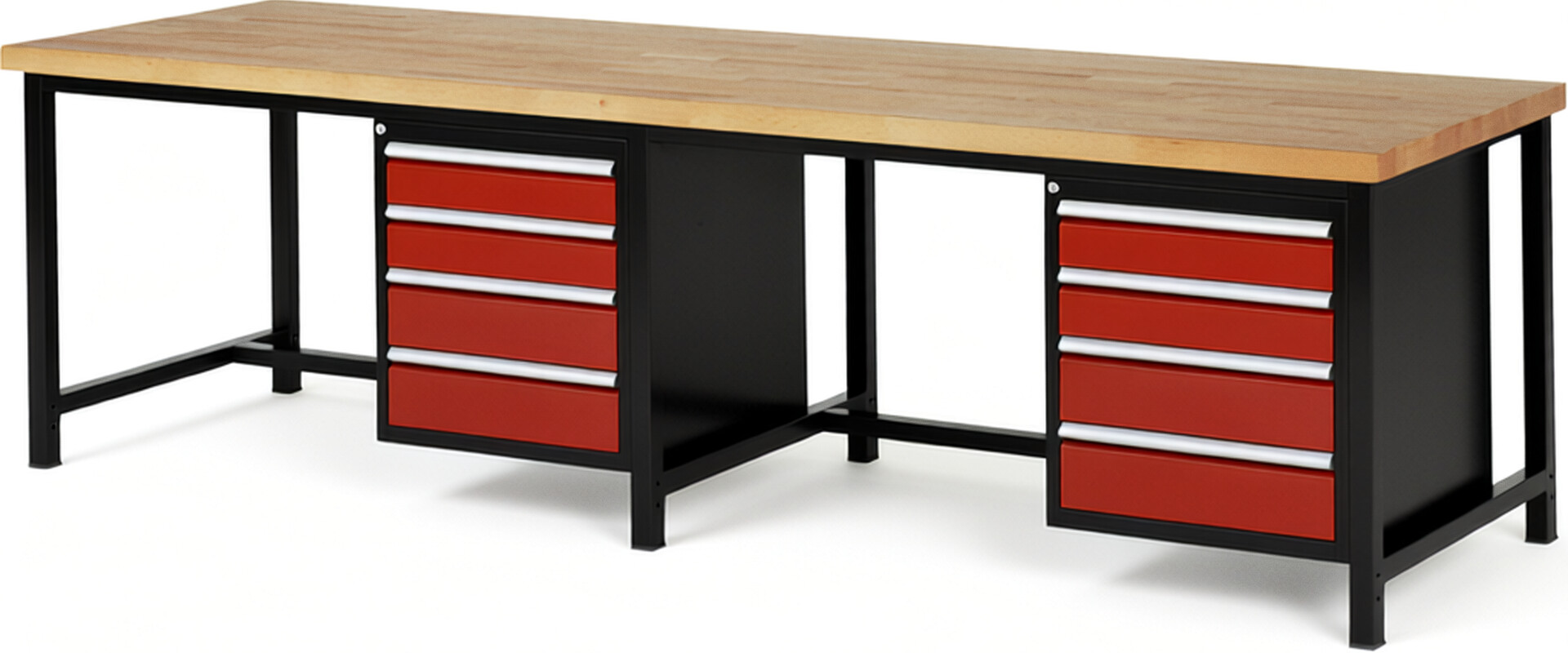 Werkbank Modell 8162 schwarz-rot, BxTxH 3000x900x840-1040 mm,  Buche-Massiv Arbeitsplatte 40 mm,  8 Schubladen mit  Vollauszug 100 % und  SoftClosing