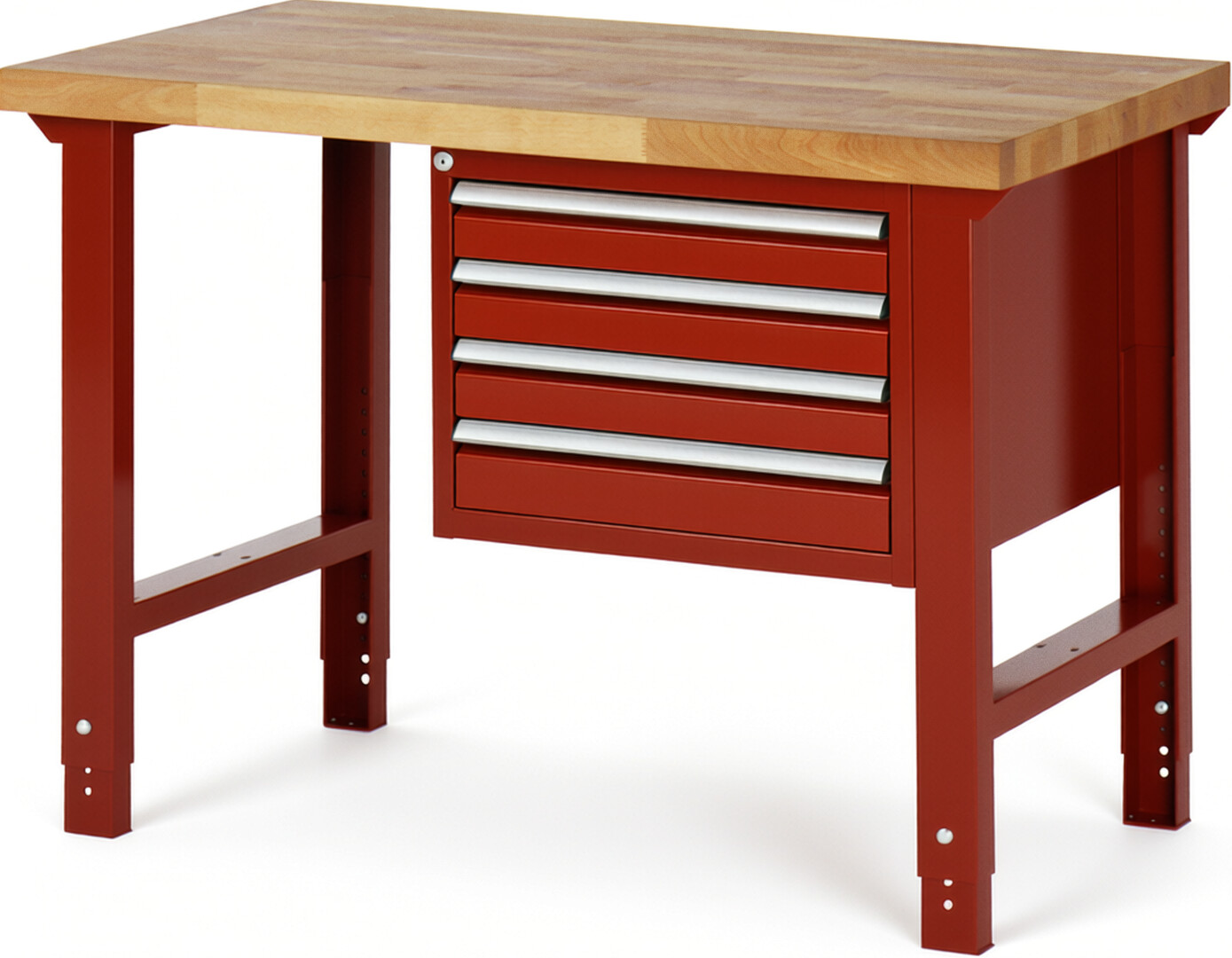 Werkbank Modell 7133 rot, BxTxH 1250x700x790-1140 mm,  Buche-Massiv Arbeitsplatte 40 mm,  4 Schubladen mit  Auszug 90 %