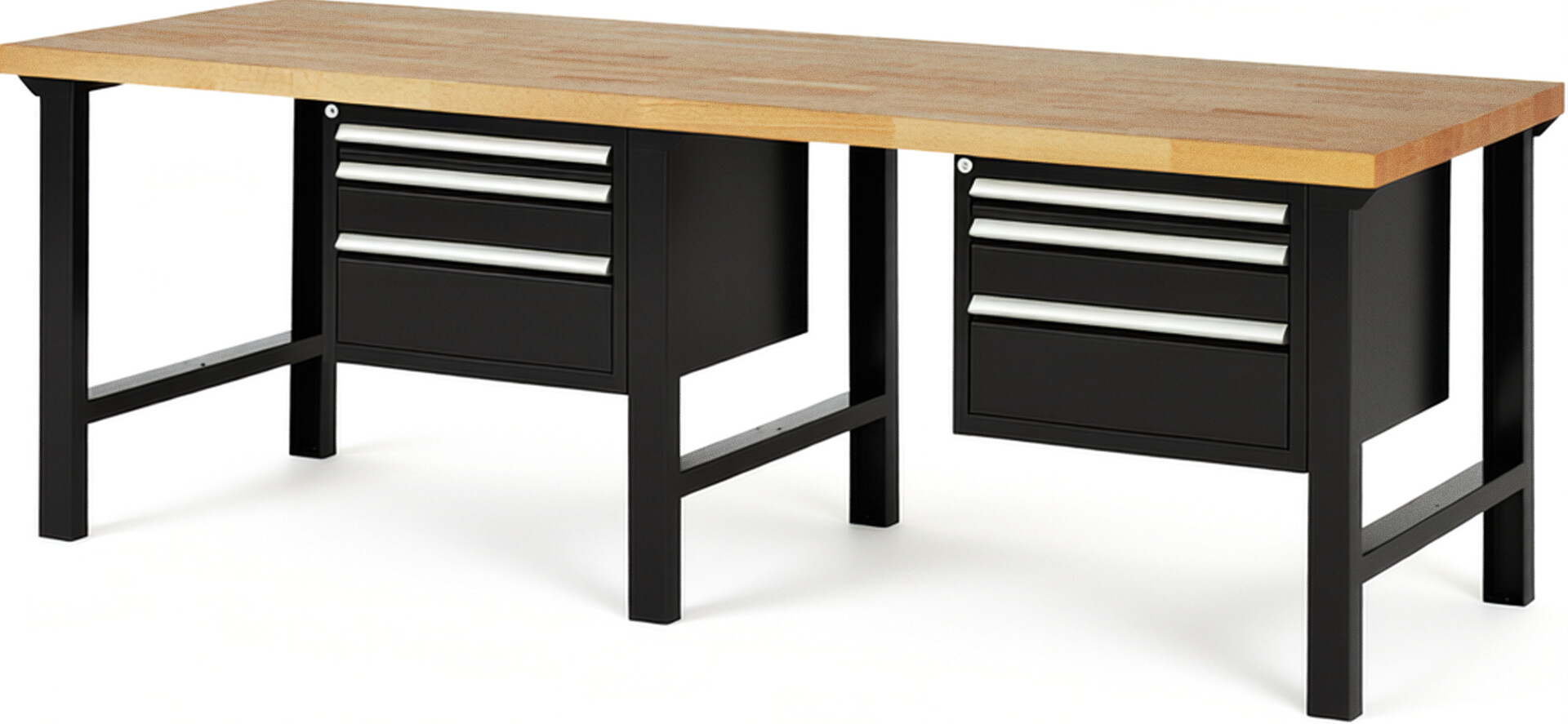 Werkbank Modell 7126 schwarz, BxTxH 2500x900x840 mm,  Buche-Massiv Arbeitsplatte 40 mm,  6 Schubladen mit  Auszug 90 %