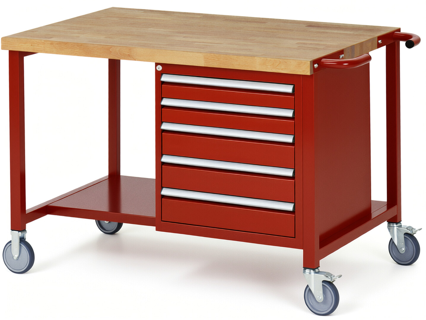 Fahrbare Werkbank Modell 8171 rot, BxTxH 1250x900x880 mm,  Buche-Massiv Arbeitsplatte 40 mm,  5 Schubladen mit  Vollauszug 100 % und  SoftClosing