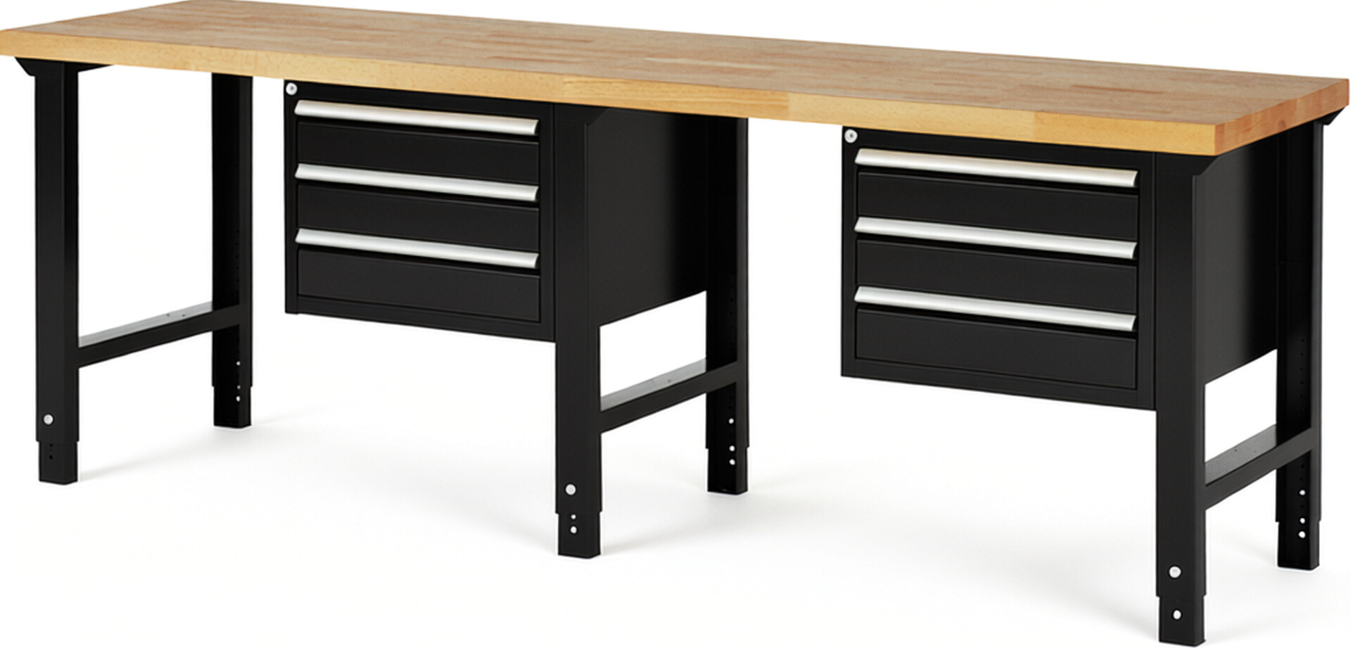 Werkbank Modell 7127 schwarz, BxTxH 2500x700x790-1140 mm,  Buche-Massiv Arbeitsplatte 40 mm,  6 Schubladen mit  Auszug 90 %