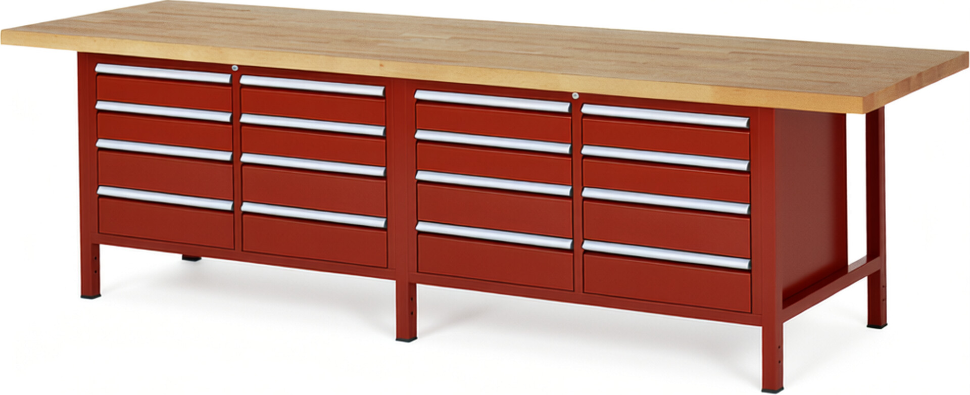 Werkbank Modell 8477 rot, BxTxH 3000x900x840-1040 mm,  Buche-Massiv Arbeitsplatte 40 mm,  16 Schubladen mit  Auszug 90 %