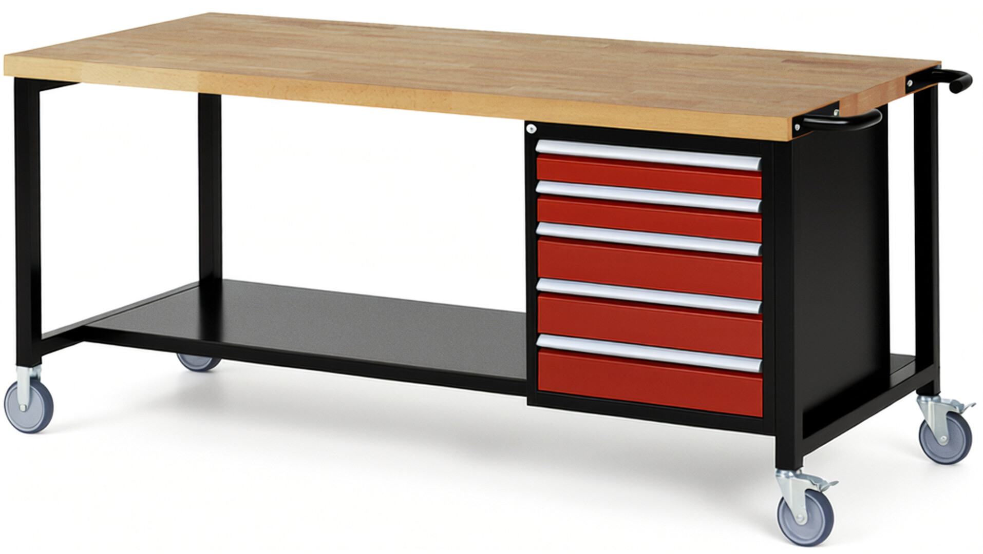RAU Werkbank schwarz - rot - Breite 200 cm - Tiefe 90 cm - Höhe 108 cm - Buche-Massiv Arbeitsplatte 40 mm