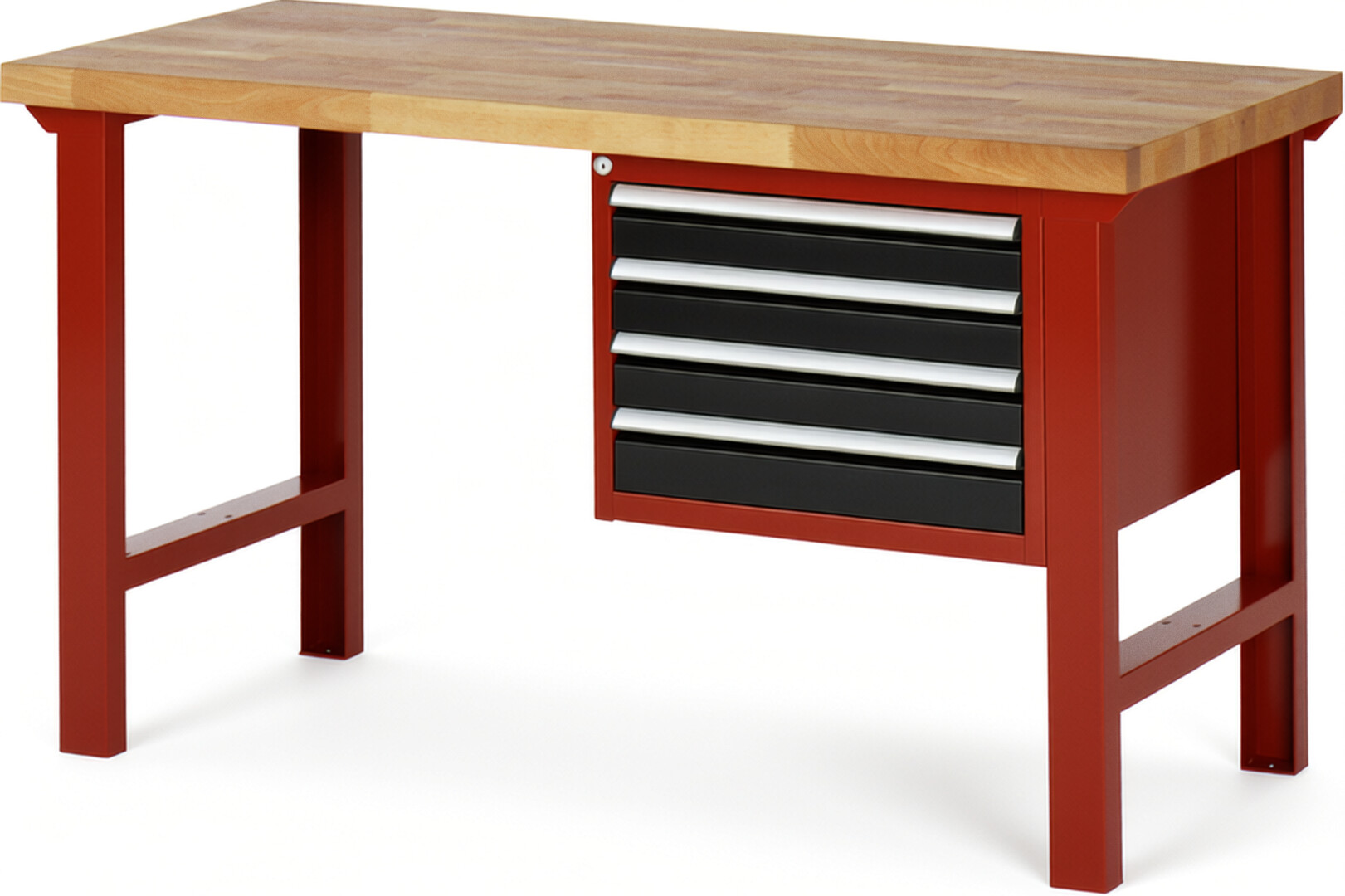 Werkbank Modell 7133 rot - schwarz, BxTxH 1500x700x840 mm,  Buche-Massiv Arbeitsplatte 40 mm,  4 Schubladen mit  Vollauszug 100 % und  SoftClosing
