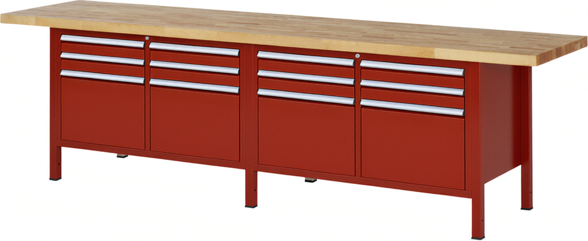 Werkbank Modell 8474 rot, BxTxH 3000x700x840 mm,  Buche-Massiv Arbeitsplatte 40 mm,  12 Schubladen mit  Auszug 90 %