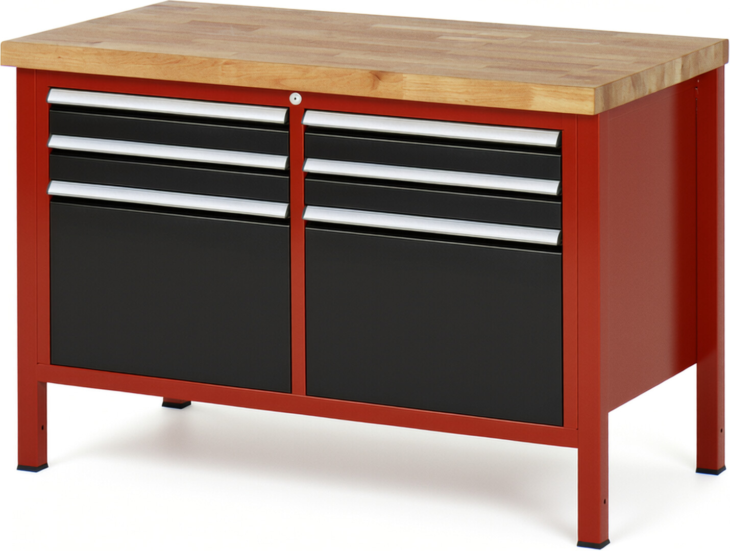 Werkbank Modell 8474 rot - schwarz, BxTxH 1250x700x840 mm,  Buche-Massiv Arbeitsplatte 40 mm,  6 Schubladen mit  Vollauszug 100 % und  SoftClosing