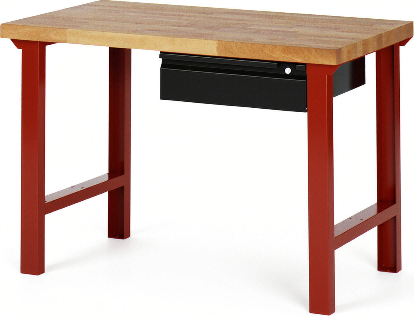 Werkbank rot - schwarz, BxTxH 1250x700x840 mm, Platte Buche 40 mm, 1 Hängeschublade 150 mm, RAL 3000/9011