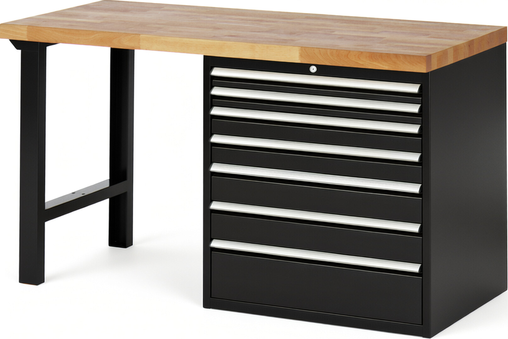Werkbank Modell 7617 schwarz, BxTxH 1500x700x840 mm,  Buche-Massiv Arbeitsplatte 40 mm,  7 Schubladen mit  Vollauszug 100 % und  SoftClosing