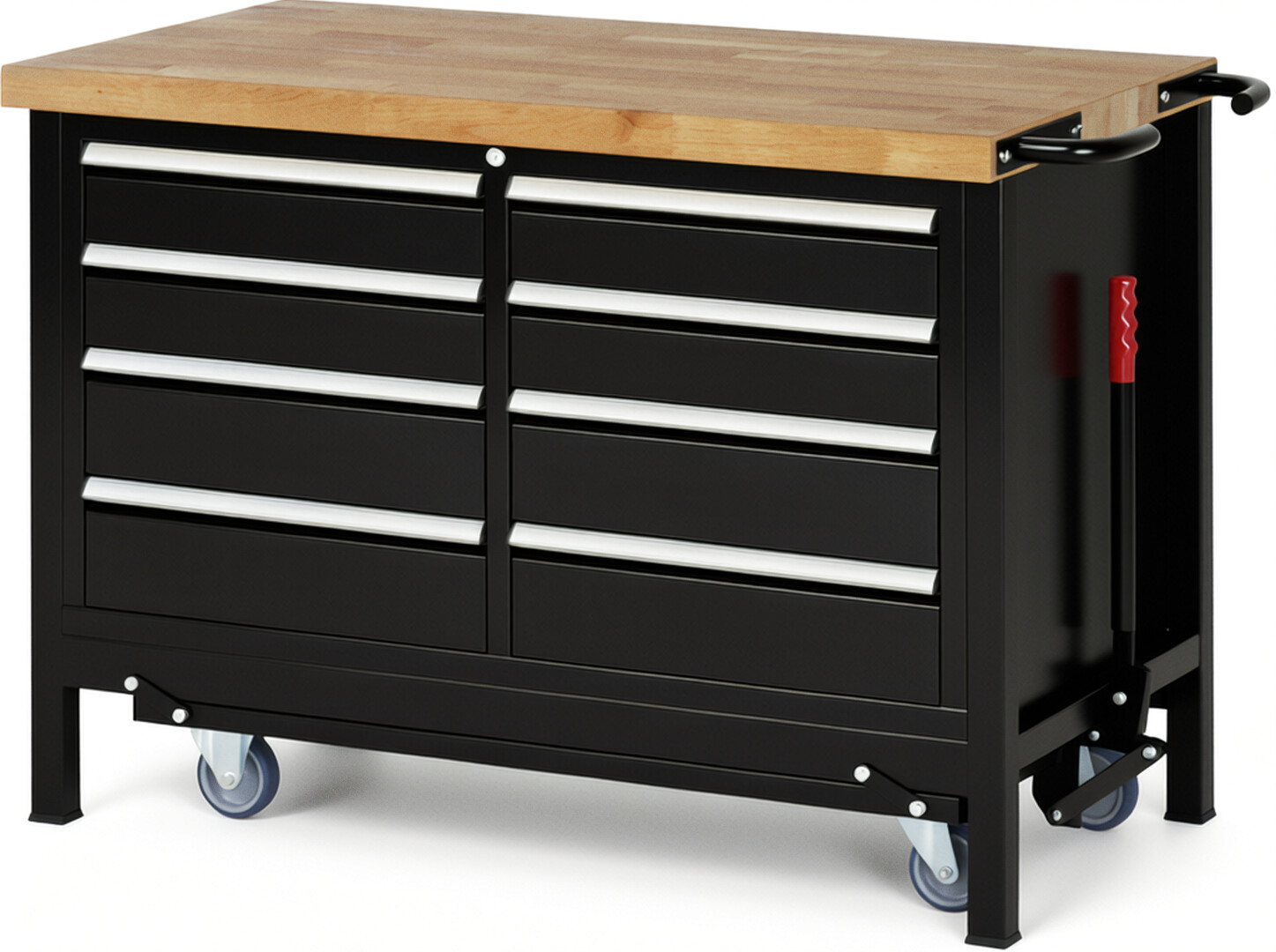 Absenkbare Werkbank Modell 8477 schwarz, BxTxH 1250x700x880 mm,  Buche-Massiv Arbeitsplatte 40 mm,  8 Schubladen mit  Vollauszug 100 % und  SoftClosing