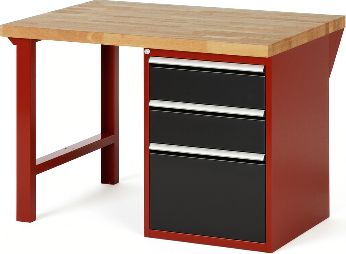 Werkbank Modell 7507 rot - schwarz, BxTxH 1250x900x890 mm,  Buche-Massiv Arbeitsplatte 40 mm,  3 Schubladen mit  Vollauszug 100 % und  SoftClosing