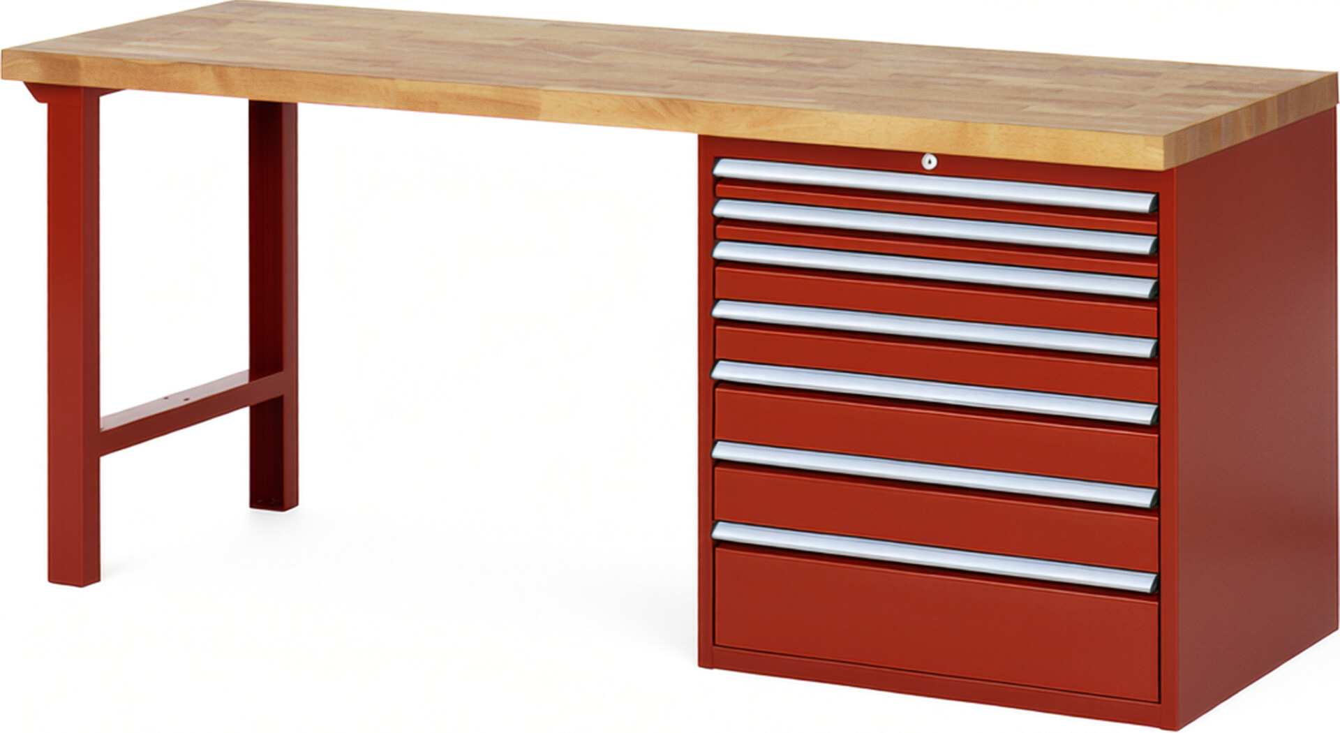 Werkbank Modell 7617 rot, BxTxH 2000x700x890 mm,  Buche-Massiv Arbeitsplatte 40 mm,  7 Schubladen mit  Auszug 90 %