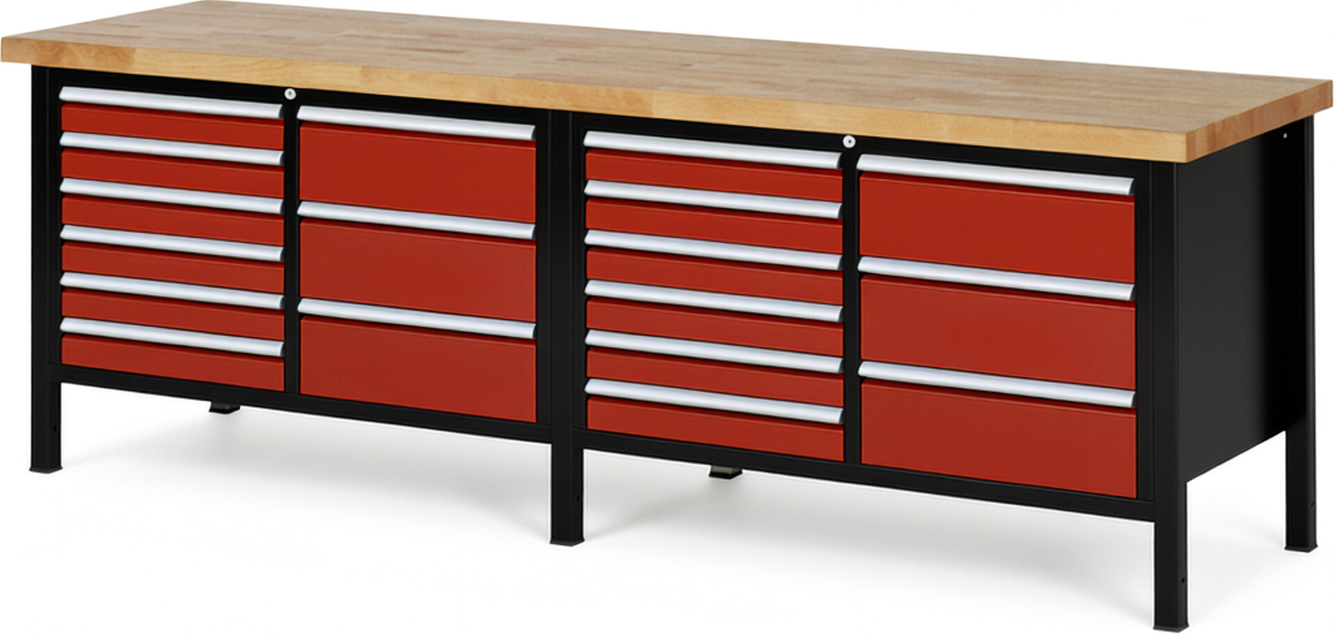 RAU Werkbank schwarz - rot - Breite 250 cm - Tiefe 70 cm - Höhe 84 cm - Buche-Massiv Arbeitsplatte 40 mm