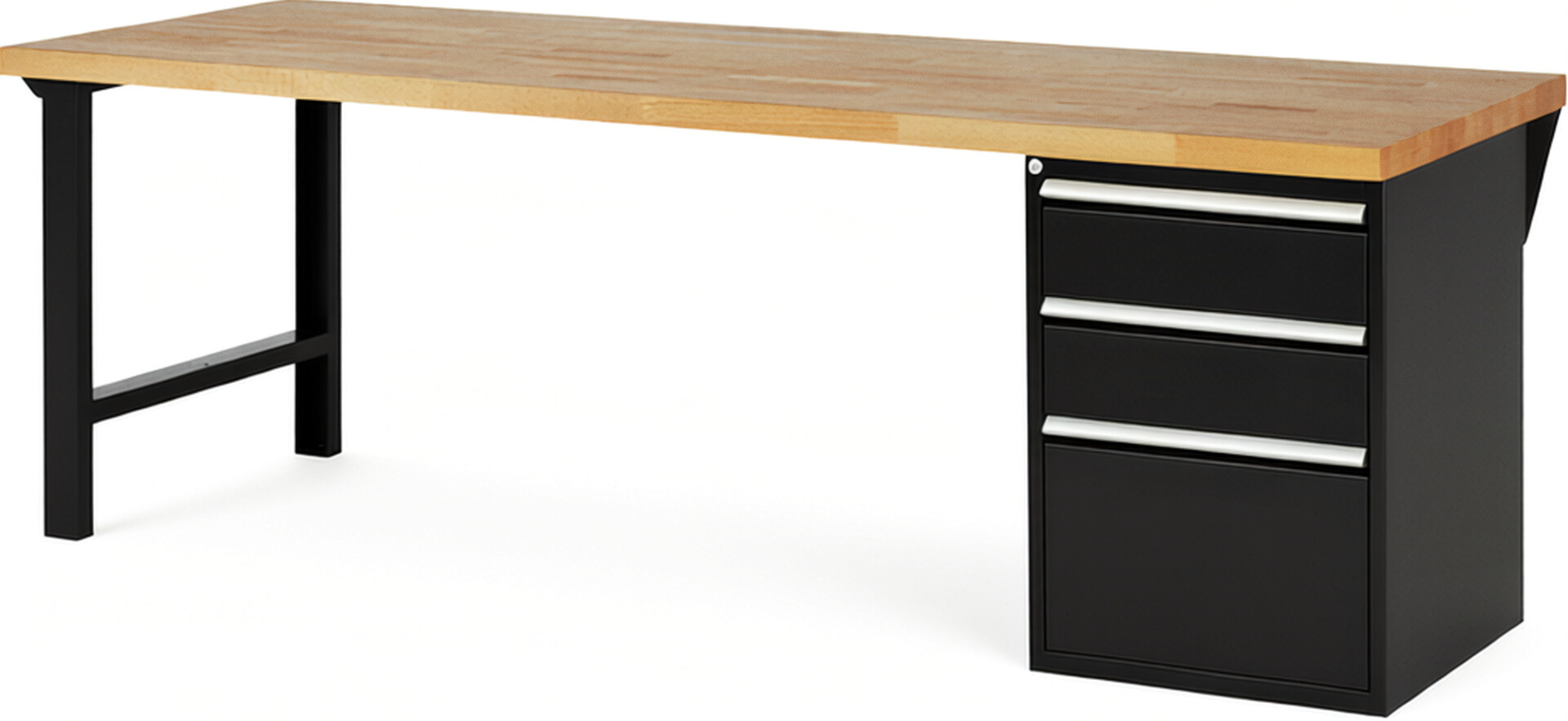 Werkbank Modell 7507 schwarz, BxTxH 2500x900x890 mm,  Buche-Massiv Arbeitsplatte 40 mm,  3 Schubladen mit  Auszug 90 %