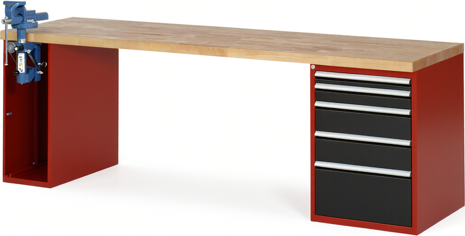 Werkbank Modell 7511 rot - schwarz, BxTxH 2500x700x890 mm,  Buche-Massiv Arbeitsplatte 40 mm,  5 Schubladen mit  Auszug 90 %