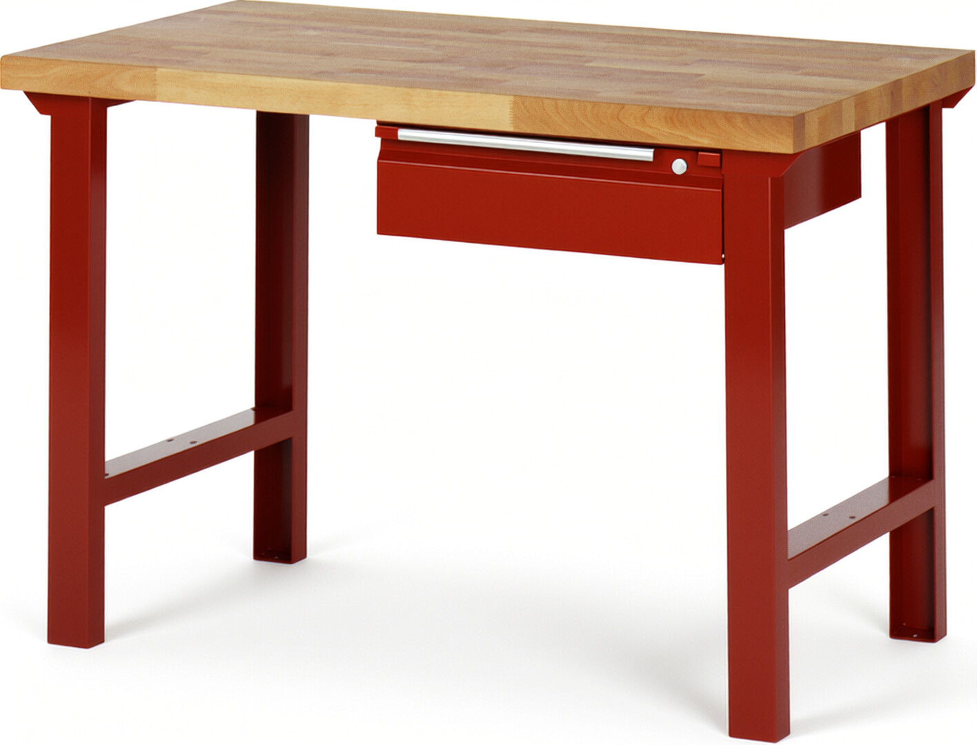 Werkbank rot, BxTxH 1250x700x840 mm, Platte Buche 40 mm, 1 Hängeschublade 150 mm, RAL 3000/3000