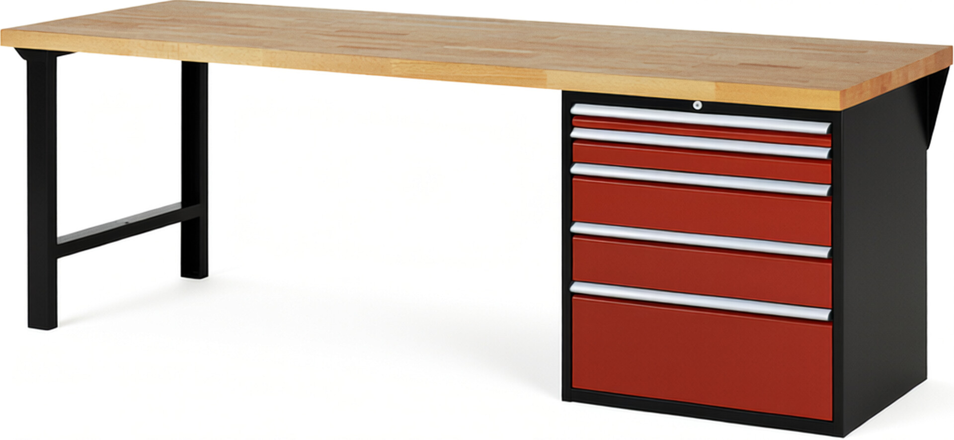 RAU Werkbank schwarz - rot - Breite 250 cm - Tiefe 90 cm - Höhe 89 cm - Buche-Massiv Arbeitsplatte 40 mm
