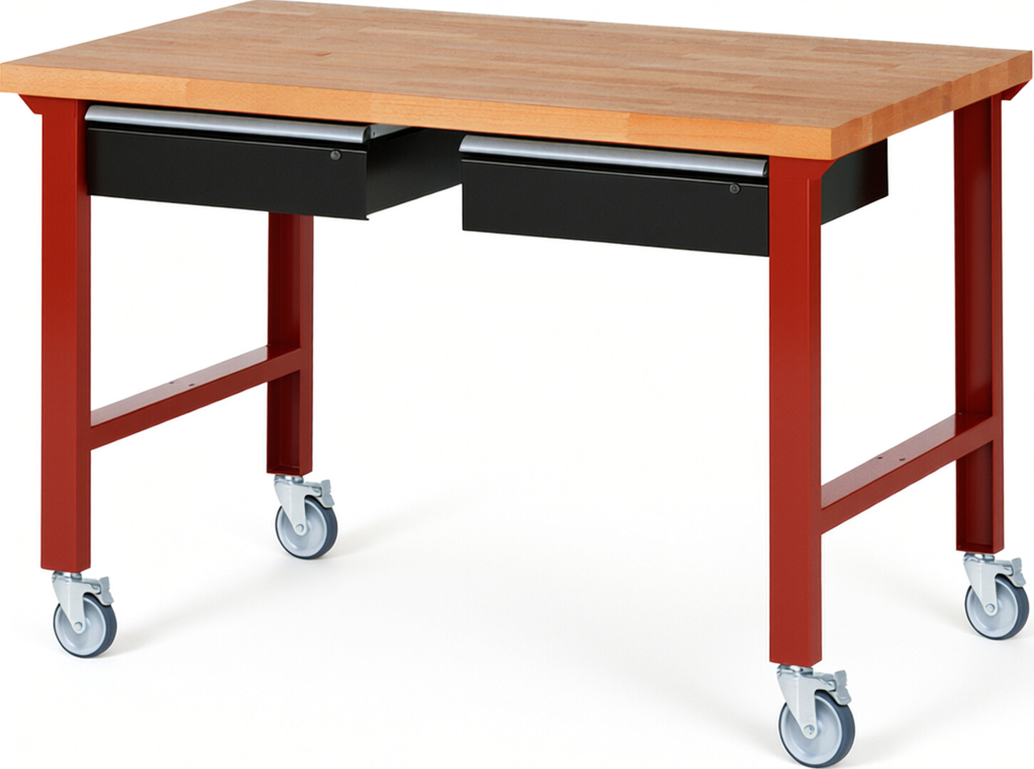 Fahrbare Werkbank Modell 7002 rot - schwarz, BxTxH 1500x900x1000 mm,  Buche-Massiv Arbeitsplatte 40 mm,  2 Schubladen mit  Auszug 90 %