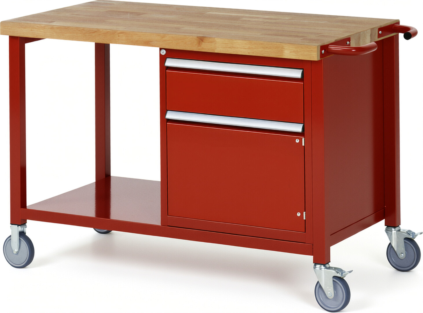 Fahrbare Werkbank Modell 8152 rot, BxTxH 1250x700x880 mm,  Buche-Massiv Arbeitsplatte 40 mm,  1 Schublade mit  Vollauszug 100 % und  SoftClosing