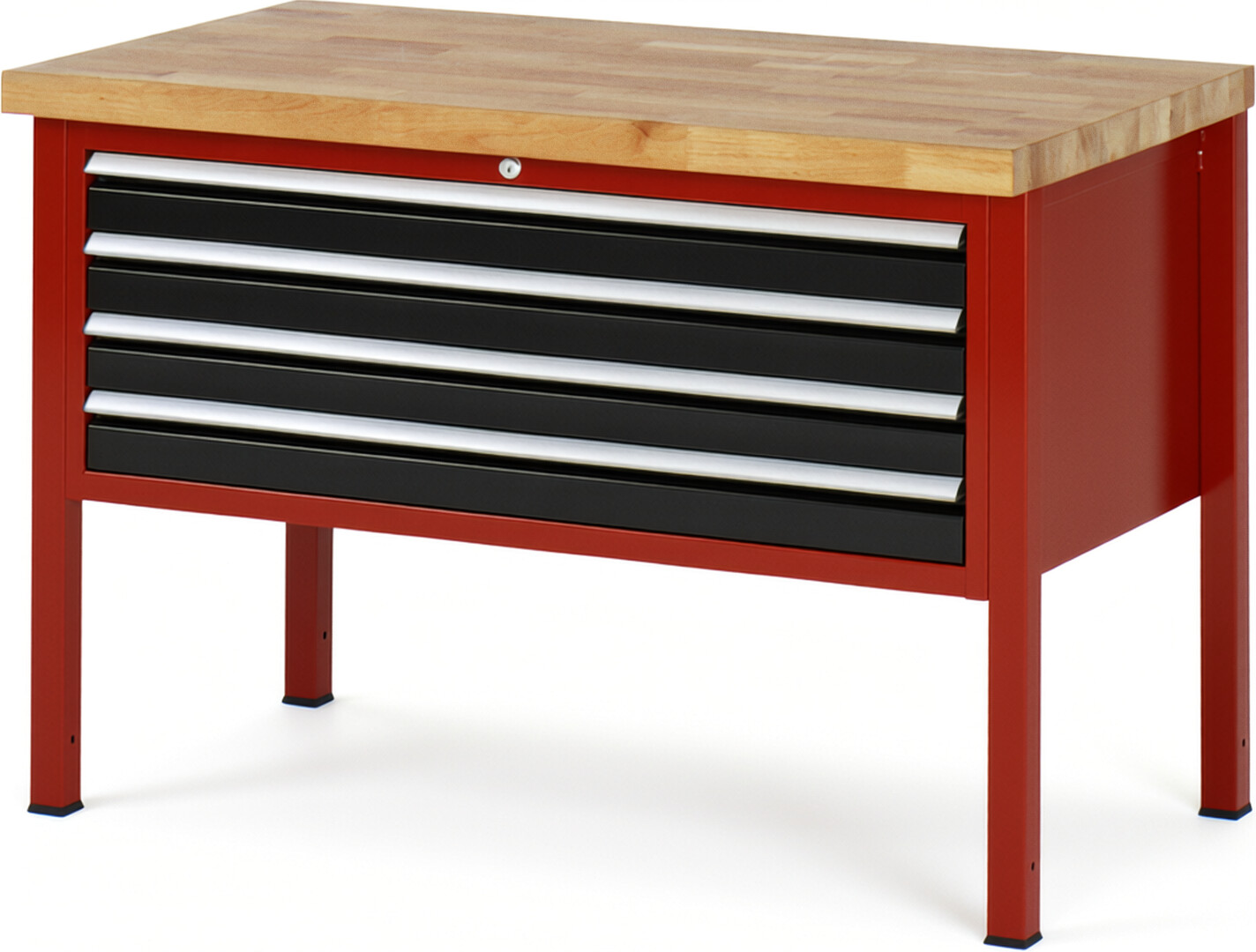 RAU Werkbank rot - schwarz - Breite 125 cm - Tiefe 70 cm - Höhe 104 cm - Buche-Massiv Arbeitsplatte 40 mm