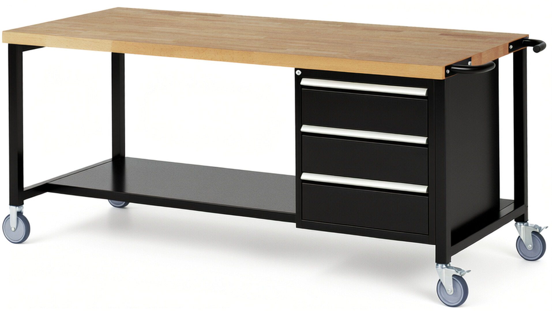 Fahrbare Werkbank Modell 8157 schwarz, BxTxH 2000x900x880-1080 mm,  Buche-Massiv Arbeitsplatte 40 mm,  3 Schubladen mit  Auszug 90 %