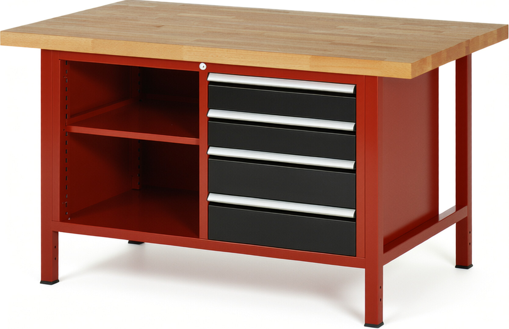 Werkbank Modell 8464 rot - schwarz, BxTxH 1500x900x840-1040 mm,  Buche-Massiv Arbeitsplatte 40 mm,  5 Schubladen mit  Vollauszug 100 % und  SoftClosing