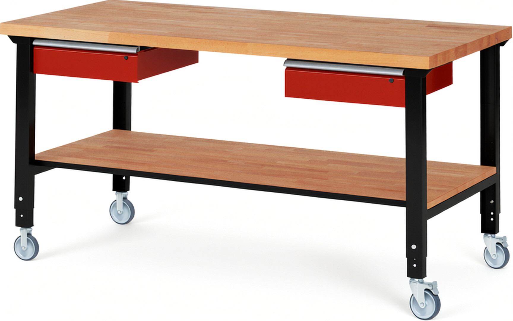 RAU Werkbank schwarz - rot - Breite 200 cm - Tiefe 90 cm - Höhe 100 cm - Buche-Massiv Arbeitsplatte 40 mm