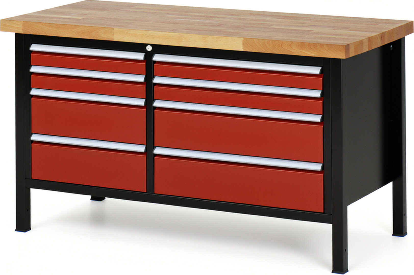 RAU Werkbank schwarz - rot - Breite 150 cm - Tiefe 70 cm - Höhe 104 cm - Buche-Massiv Arbeitsplatte 40 mm
