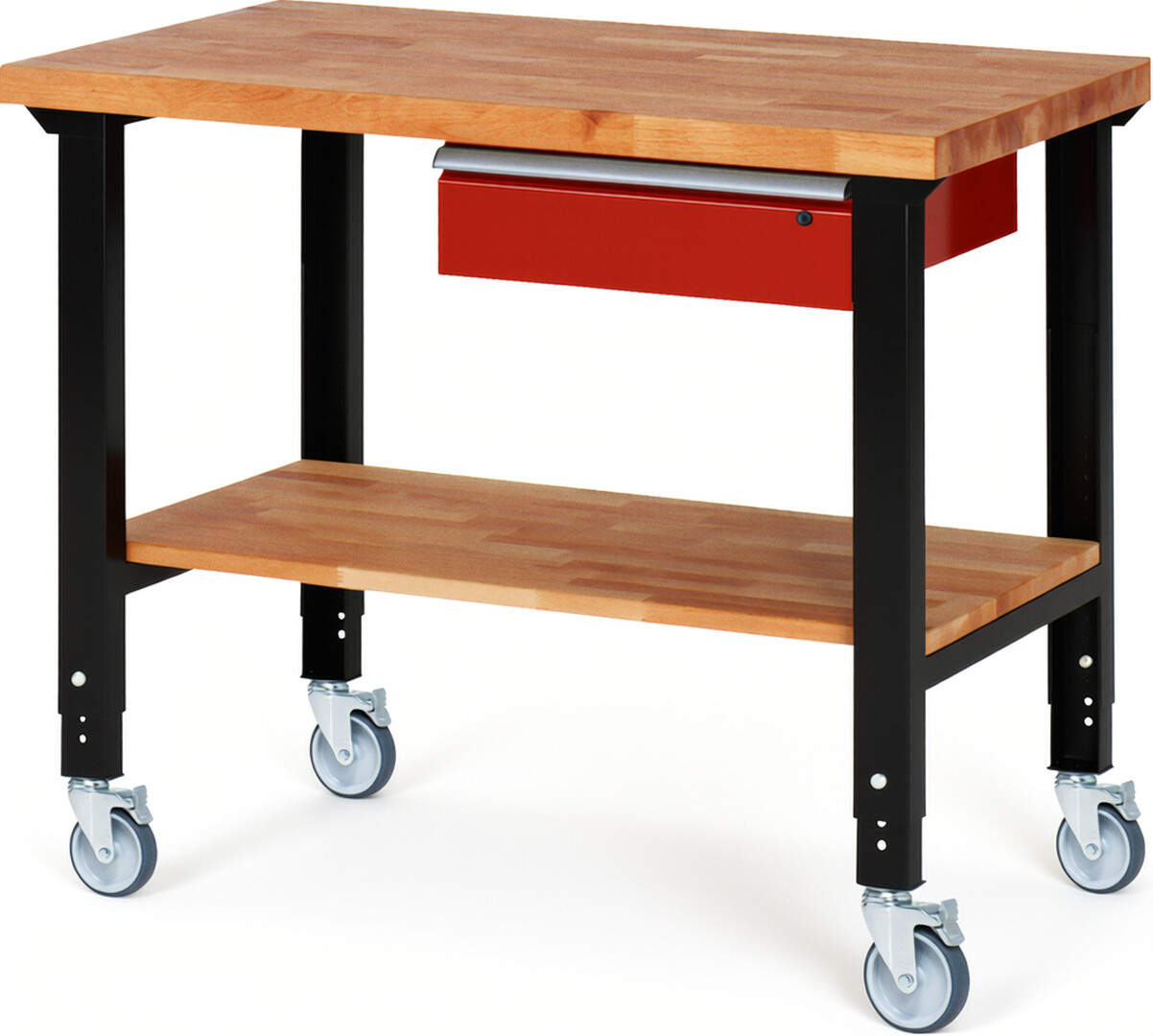 RAU Werkbank schwarz - rot - Breite 125 cm - Tiefe 70 cm - Höhe 100 cm - Buche-Massiv Arbeitsplatte 40 mm