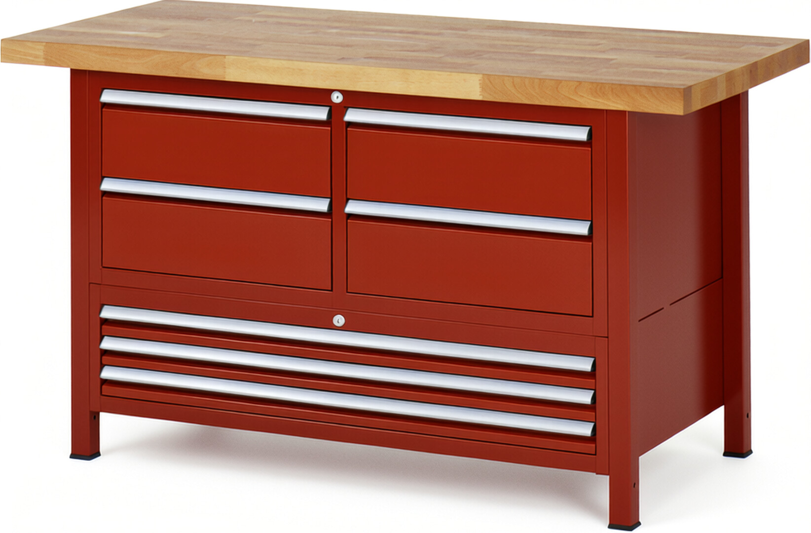 Werkbank Modell 8934 rot, BxTxH 1500x700x840 mm,  Buche-Massiv Arbeitsplatte 40 mm,  7 Schubladen mit  Vollauszug 100 % und  SoftClosing