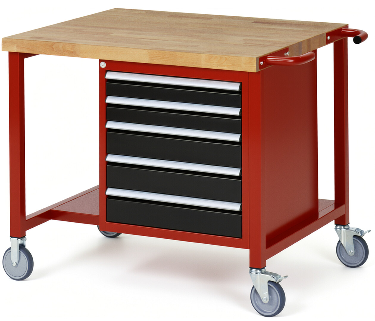 Fahrbare Werkbank Modell 8171 rot - schwarz, BxTxH 1000x900x880 mm,  Buche-Massiv Arbeitsplatte 40 mm,  5 Schubladen mit  Vollauszug 100 % und  SoftClosing