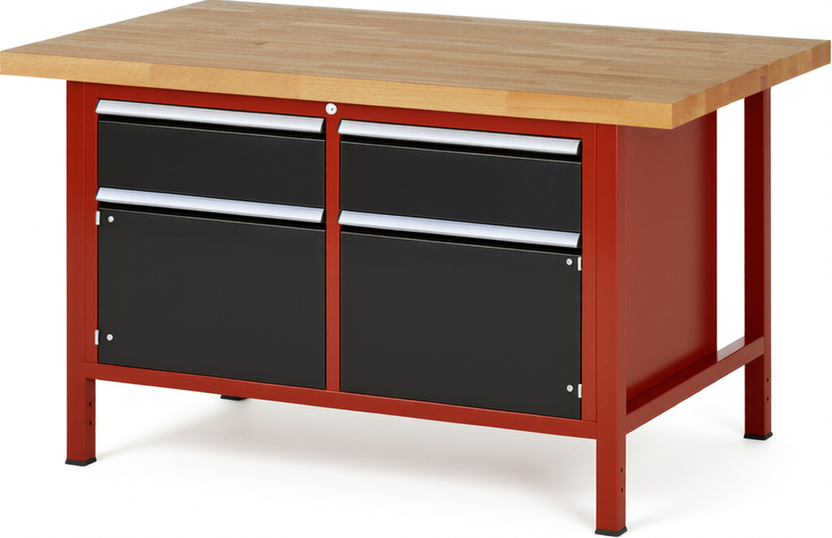 Werkbank Modell 8466 rot - schwarz, BxTxH 1500x900x840 mm,  Buche-Massiv Arbeitsplatte 40 mm,  2 Schubladen mit  Auszug 90 %