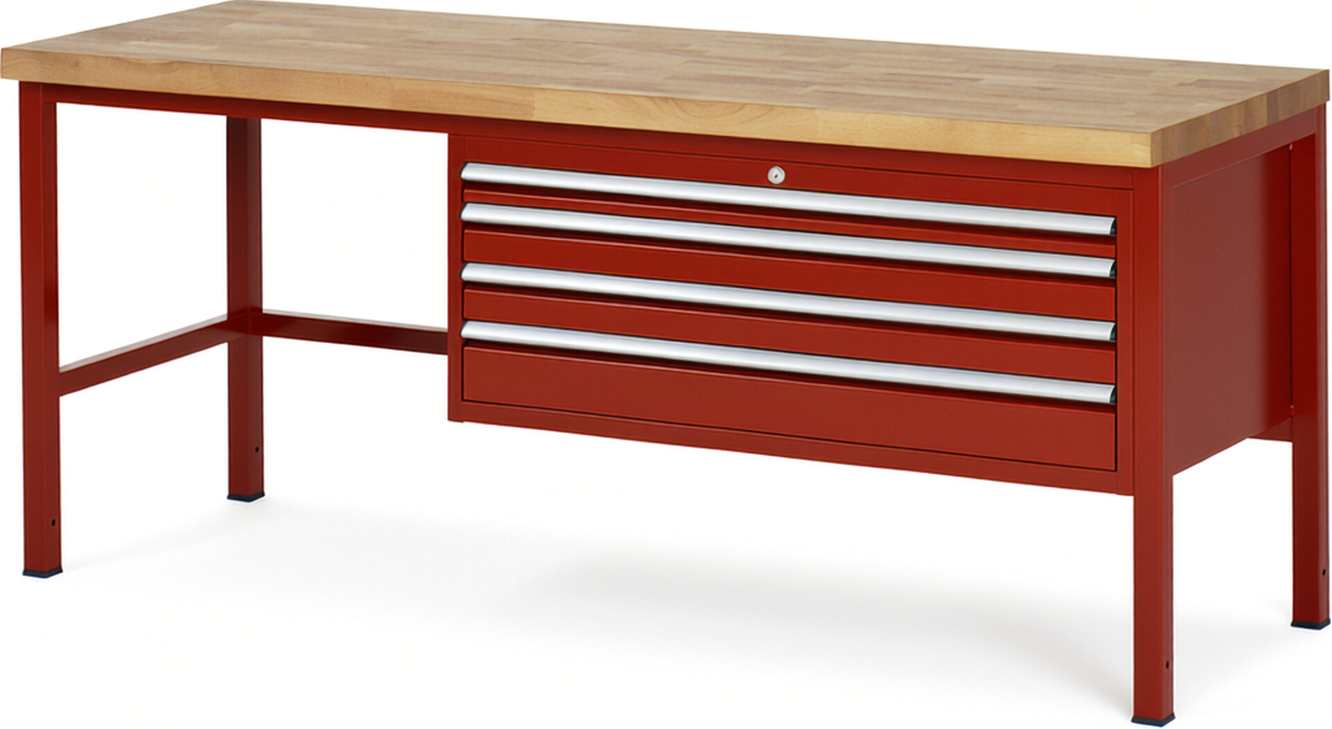 Werkbank Modell 8332 rot, BxTxH 2000x700x840 mm,  Buche-Massiv Arbeitsplatte 40 mm,  4 Schubladen mit  Auszug 90 %