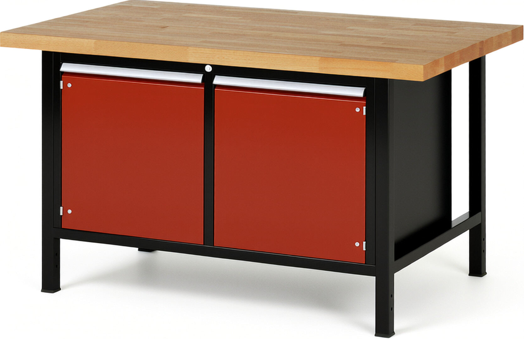 RAU Werkbank schwarz - rot - Breite 150 cm - Tiefe 90 cm - Höhe 104 cm - Buche-Massiv Arbeitsplatte 40 mm