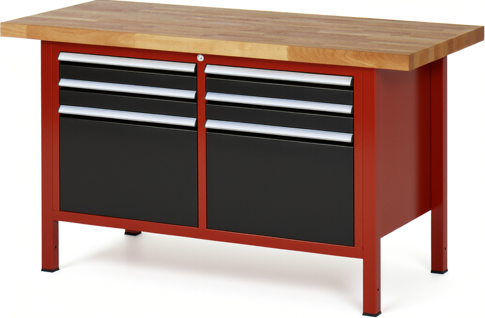 Werkbank Modell 8474 rot - schwarz, BxTxH 1500x700x840 mm,  Buche-Massiv Arbeitsplatte 40 mm,  6 Schubladen mit  Vollauszug 100 % und  SoftClosing