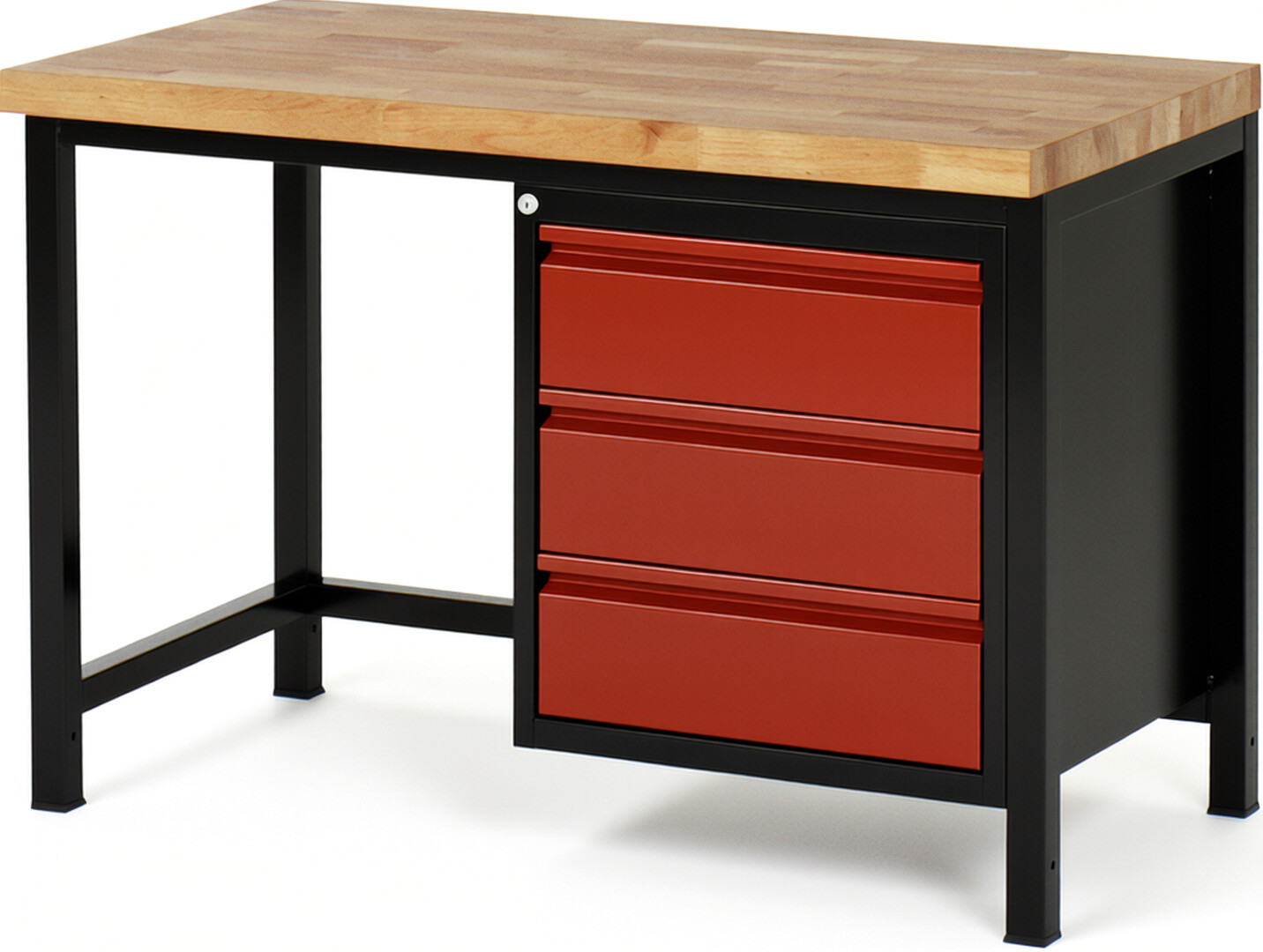 Werkbank schwarz - rot, Breite 125 cm, Tiefe 70 cm, Höhe 84 cm, 3 Schublade(n), Platte: Buche-Massiv-Arbeitsplatte