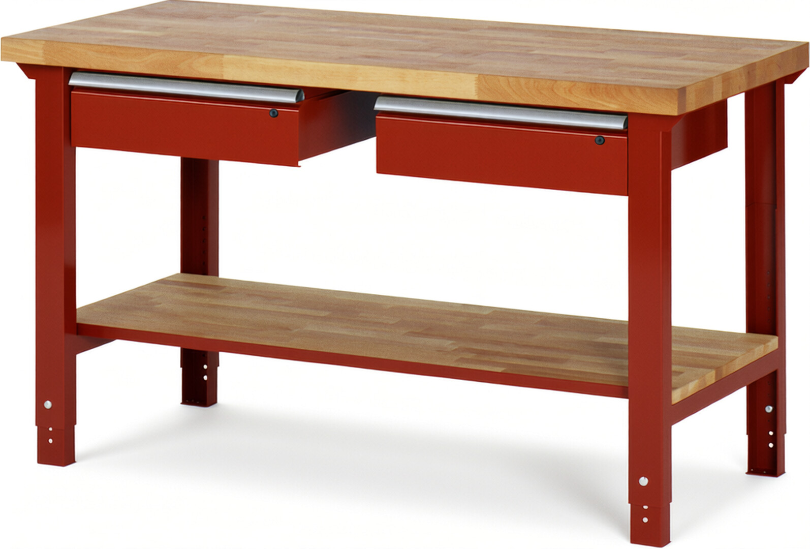 Werkbank Modell 7002 rot, BxTxH 1500x700x790-1140 mm,  Buche-Massiv Arbeitsplatte 40 mm,  2 Schubladen mit  Auszug 90 %