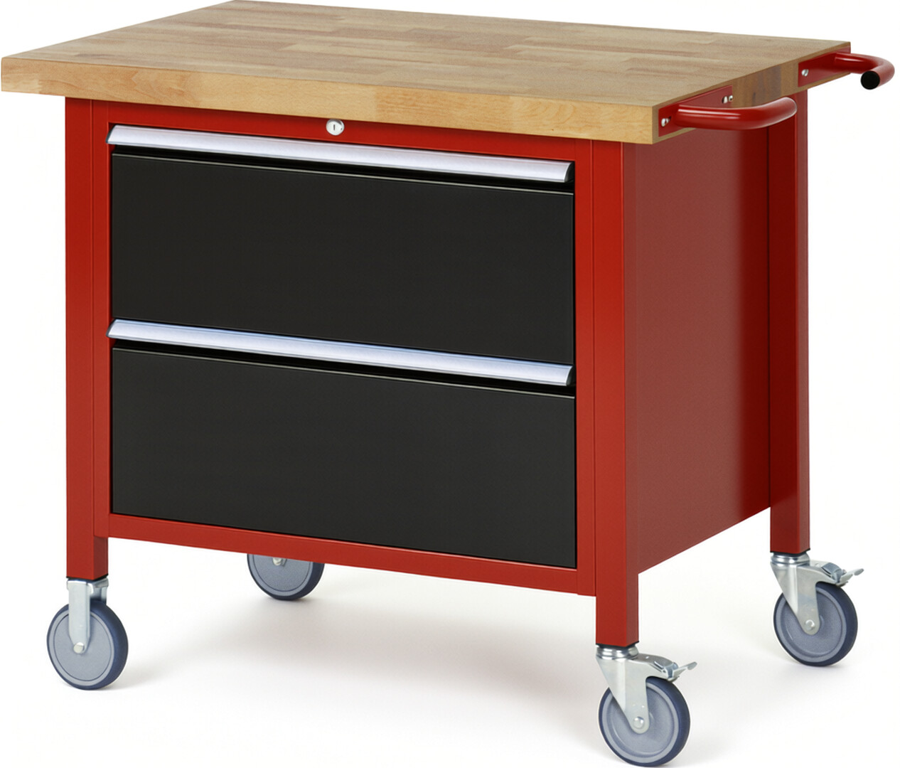 Fahrbare Werkbank Modell 8255 rot - schwarz, BxTxH 1000x700x880-1080 mm,  Buche-Massiv Arbeitsplatte 40 mm,  2 Schubladen mit  Auszug 90 %