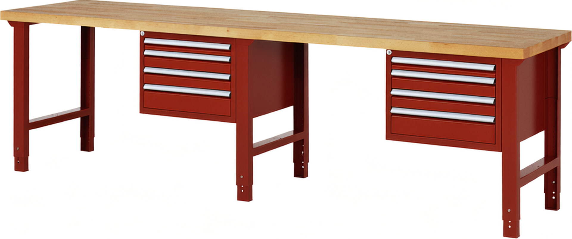 Werkbank Modell 7132 rot, BxTxH 3000x700x790-1140 mm,  Buche-Massiv Arbeitsplatte 40 mm,  8 Schubladen mit  Auszug 90 %