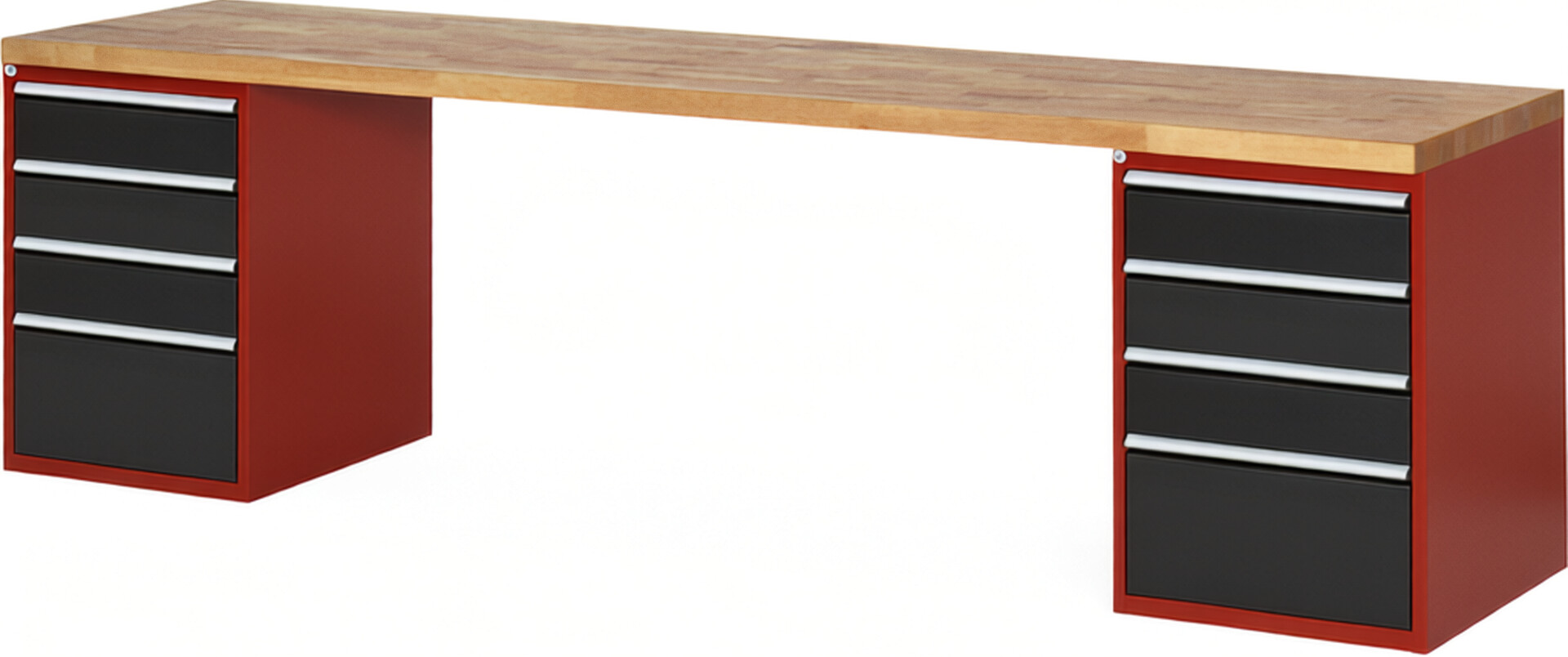 Werkbank Modell 7510 rot - schwarz, BxTxH 3000x700x890 mm,  Buche-Massiv Arbeitsplatte 40 mm,  8 Schubladen mit  Auszug 90 %