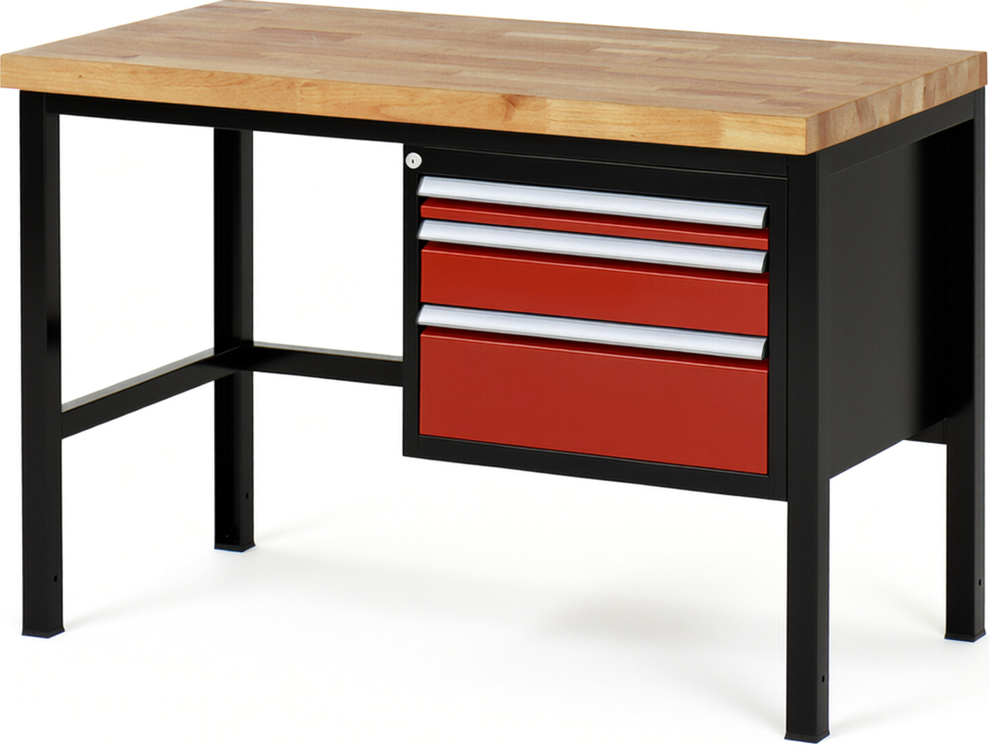 RAU Werkbank schwarz - rot - Breite 125 cm - Tiefe 70 cm - Höhe 104 cm - Buche-Massiv Arbeitsplatte 40 mm