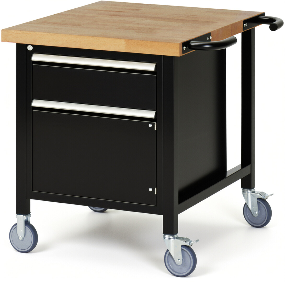 Fahrbare Werkbank Modell 8152 schwarz, BxTxH 750x900x880 mm,  Buche-Massiv Arbeitsplatte 40 mm,  1 Schublade mit  Vollauszug 100 % und  SoftClosing