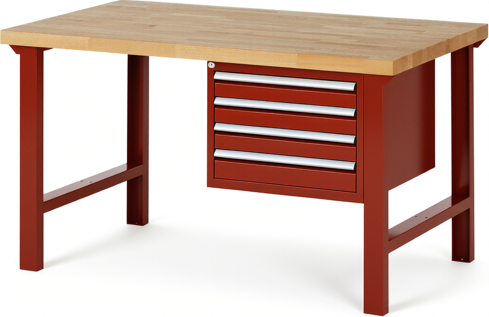 Werkbank Modell 7133 rot, BxTxH 1500x900x840 mm,  Buche-Massiv Arbeitsplatte 40 mm,  4 Schubladen mit  Auszug 90 %