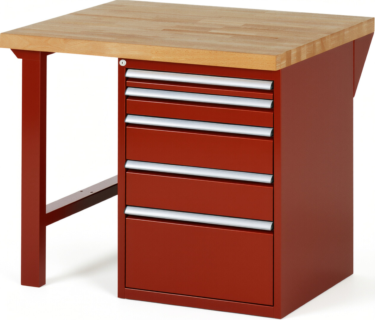 Werkbank Modell 7511 rot, BxTxH 1000x900x890 mm,  Buche-Massiv Arbeitsplatte 40 mm,  5 Schubladen mit  Auszug 90 %